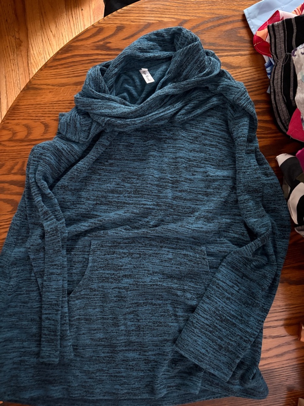 Women's Teal Cowl Neck Sweater with Kangaroo Pocket